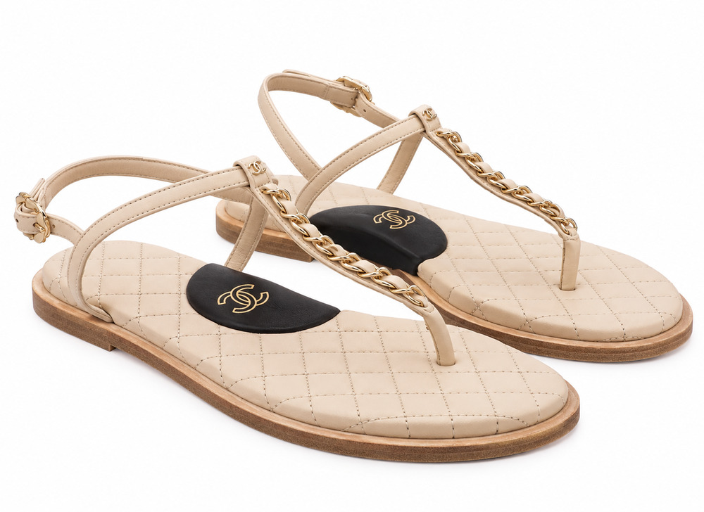CHANEL Beige Lambskin Leather Quilted CC Chain T-Strap Thong Sandals EU 37.5